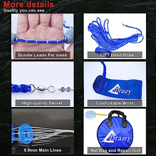 Drasry Saltwater Fishing Cast Net 3/8 and 1/4 Mesh with Heavy Duty Gray Sinker American Monofilament Fish Throw Net for Bait Trap 3FT 4FT 5FT 6FT 7FT 8FT 9FT Radius - size: 10FT Radius, style: 1/4 Mesh 0.88 Lb/Ft