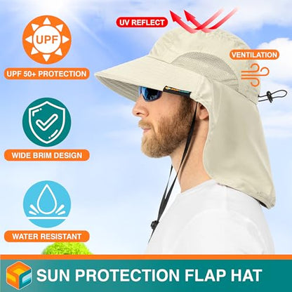 SUN CUBE Wide Brim Sun Hat with Neck Flap for Men Women, UPF50+ Fishing - color: Beige