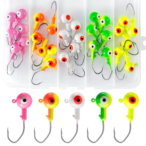 Alwonder 30-Pack Fishing Jig Heads Kit, Round Ball Crappie Jig Head with 3D Eyes, 1/32-3/8oz Jigs Heads for Bass Fishing Trout Crappie Perch Bluegill Walleye, Live Soft Baits Lures Jigs Hooks - size: 1/8OZ