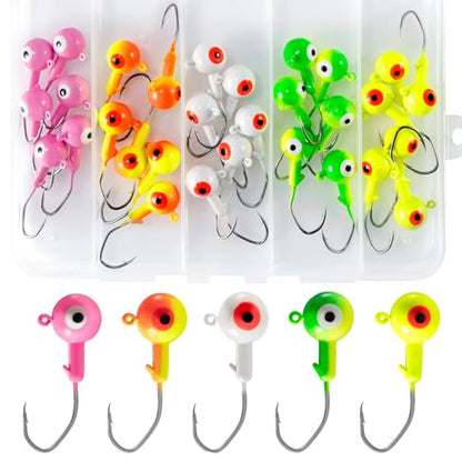 Alwonder 30-Pack Fishing Jig Heads Kit, Round Ball Crappie Jig Head with 3D Eyes, 1/32-3/8oz Jigs Heads for Bass Fishing Trout Crappie Perch Bluegill Walleye, Live Soft Baits Lures Jigs Hooks - size: 1/8OZ