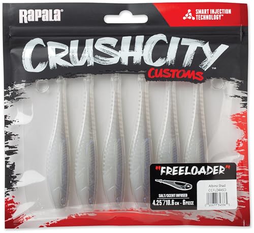 CrushCity Freeloader Soft Plastic Swimbait Minnow, Natural Swimming Action for Jig Heads & Multi-Species Bass Fishing, 4-1/4", Albino Shad