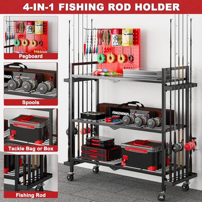 Fishing Rod Holders for Garage, Fishing Rod Stand with Wheels and Pegboard, 3-Tier Pole Storage Rack with 8 Hooks and 12 Rod Slots, Ideal for Tackle, Backpacks, and Gear Red - color: Red