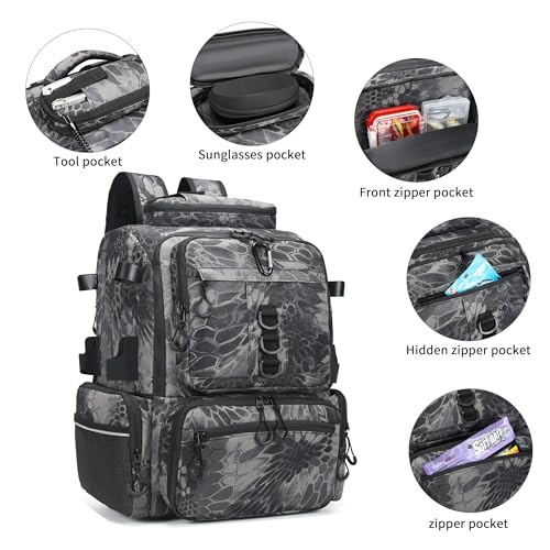 Rabjen Fishing Tackle Backpack, 45L Storage Waterproof Travel Bag Store Fishing Gear with Insulated Top Pocket