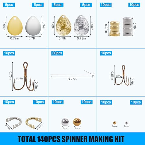 Fishing Spinner Lure Making Kit,141pcs Inline Spinner Making Supplies Kit DIY Spinnerbaits Accessory Pliers Spinner Blade Clevis Wire Shaft Treble Hooks Beads Fishing Spoon Rigs Tackle Set - style: 141pcs