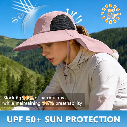 Sun Hat for Men Women with Neck Flap,UPF 50+ UV Protective Hiking Fishing Hats,Wide Brim Sun Hat for Women&Men - color: 1pack-pink