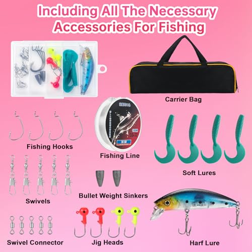Fishing Rod and Reel Combos, Carbon Fiber Telescopic Fishing Pole Kit with Spinning Reel, Fishing Line, Fishing Lures, Travel Bag for Woman Girl Beginner Saltwater Freshwater - color: PINK
