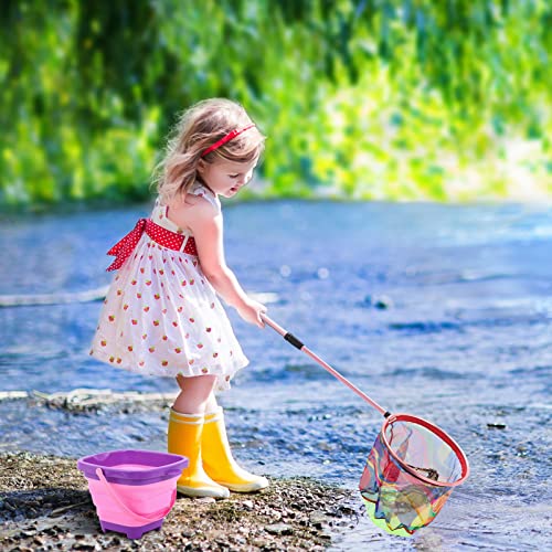 Kids Fishing Net - Telescopic Landing Net with Aluminum Pole Handle, Collapsible Bucket Sand Pail, Butterfly Net for Outdoor Play - color: Pink