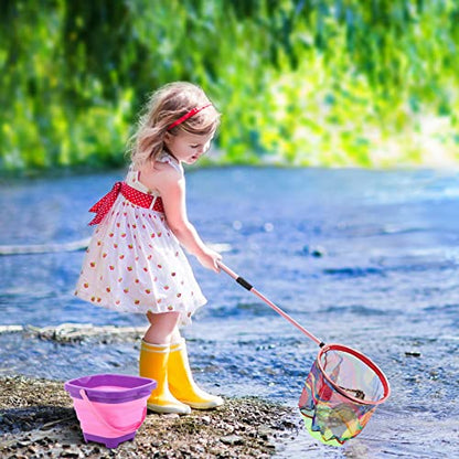 Kids Fishing Net - Telescopic Landing Net with Aluminum Pole Handle, Collapsible Bucket Sand Pail, Butterfly Net for Outdoor Play - color: Pink