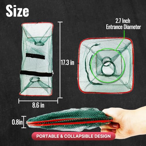 2 Pack Minnow Trap for Bait Fish Foldable Fishing Net with Dual Entrances Zippered Removal Access 2.7 Inch Openings Portable Small Fish Crawfish Shrimp Crayfish Trap for Lake Pond Fishing
