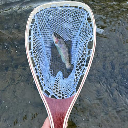 Kylebooker Fly Fishing Landing Net Wooden Frame Trout Fishing Net Soft Rubber Mesh for Catch and Release - color: Square Shape-Small Hole