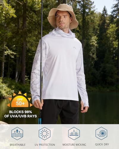 FISHEAL Men's Performance Fishing Hoodie Shirt - UPF 50+ UV Sun Protection Long Sleeve Shirts with Mesh Face Mask - color: Frost Gray Camo, size: Medium