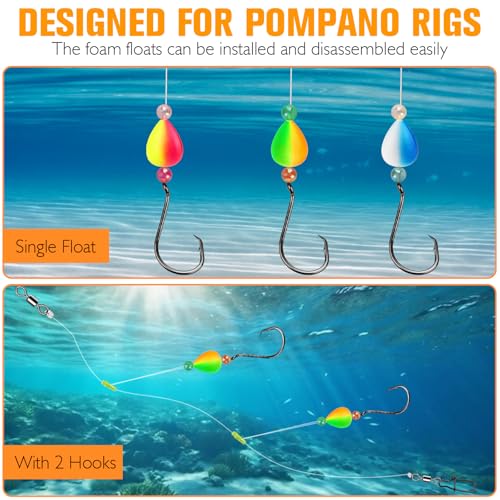 Dovesun 220/104/80/60/54/52/42pcs Pompano Rig Floats for Surf Fishing Foam Bobbers for Fishing Fly Fishing Bobbers Floats Bright Color Kit/Round/Cylindrical/Heart/Bullet/Pill/Spin Shape - color: Heart-60pcs
