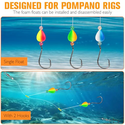 Dovesun 220/104/80/60/54/52/42pcs Pompano Rig Floats for Surf Fishing Foam Bobbers for Fishing Fly Fishing Bobbers Floats Bright Color Kit/Round/Cylindrical/Heart/Bullet/Pill/Spin Shape - color: Heart-60pcs