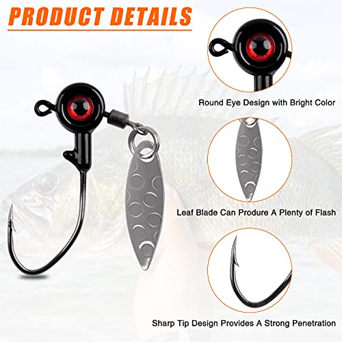 Crappie Jig Heads Fishing Lures Kit, 15pcs Underspin Jig Heads with Spinner Blade Crappie Lures Eye Ball Head Painted Fishing Jigs for Bass, Trout, Panfish, Sunfish - color: Black, size: 3/16oz