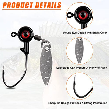Crappie Jig Heads Fishing Lures Kit, 15pcs Underspin Jig Heads with Spinner Blade Crappie Lures Eye Ball Head Painted Fishing Jigs for Bass, Trout, Panfish, Sunfish - color: Black, size: 3.5g(1/8oz)-15pcs