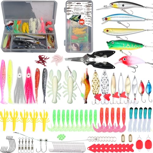 EXAURAFELIS Fishing Lures Tackle Kit, Mixed Hard & Soft Baits Metal Spoons Fishing Accessories for Bass Trout Pike Freshwater Saltwater Fishing - color: 142pcs