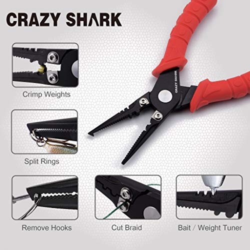 Fishing Pliers, Stainless Steel Fishing Tools, Saltwater Resistant Fishing Gear, Tungsten Carbide Cutters, Split Ring Pliers, Hook Remover with Coiled Lanyard and Sheath - color: Red - 6" Split Ring Nose