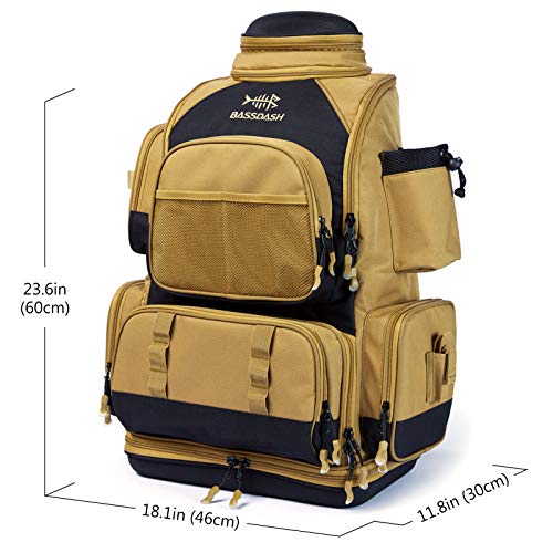 BASSDASH Fishing Tackle Backpack Water Resistant Tactical Bag Soft Tackle Box with Rod Holder and Protective Rain Cover - color: British Khaki Backpack [3670] Without Trays