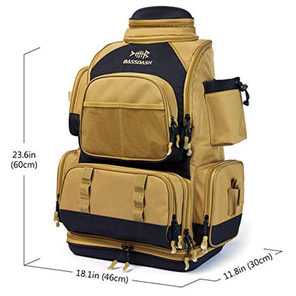 BASSDASH Fishing Tackle Backpack Water Resistant Tactical Bag Soft Tackle Box with Rod Holder and Protective Rain Cover - color: British Khaki Backpack [3670] Without Trays