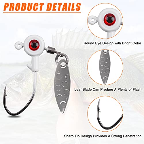 Crappie Jig Heads Fishing Lures Kit, 15pcs Underspin Jig Heads with Spinner Blade Crappie Lures Eye Ball Head Painted Fishing Jigs for Bass, Trout, Panfish, Sunfish - color: White, size: 1.75g(1/16oz)-15pcs