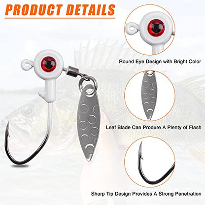 Crappie Jig Heads Fishing Lures Kit, 15pcs Underspin Jig Heads with Spinner Blade Crappie Lures Eye Ball Head Painted Fishing Jigs for Bass, Trout, Panfish, Sunfish - color: White, size: 3.5g(1/8oz)-15pcs