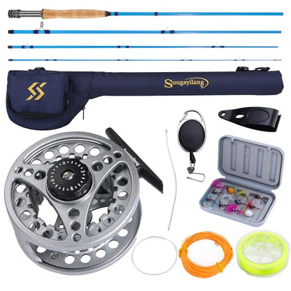 Sougayilang Fly Fishing Combo, 4 Piece Fly Rod and CNC Machined Aluminum Alloy Reel Complete Starter Package with Rod Bag - color: Fly Fishing Combo #5-Silver