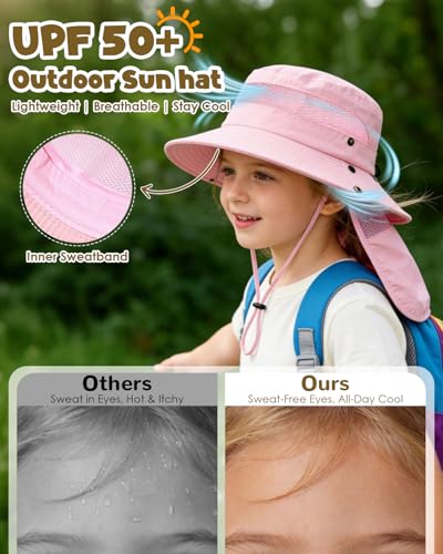 Century Star Kids Sun Hat with Detachable Neck Flap,UPF 50+ Windproof Waterproof Beach Bucket Hat Outdoor Fishing Safari - color: Light Pink