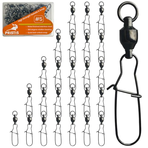 Pristis 25 Pack High Strength Fishing Snap & Swivels, Ball Bearing with Coastlock Snap, Saltwater Corrosion Resistant Connector, Fresh Water Heavy Duty Black Nickel Finish Tackle Kit for Bass Perch - size: #5