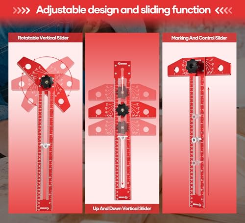 Saker Woodworking Scriber Marking Line Ruler, Adjustable Aluminum Alloy Sliding T-Square Ruler,Precision Line Drawing aid Ruler with Angle Adjustment Scale - color: Red
