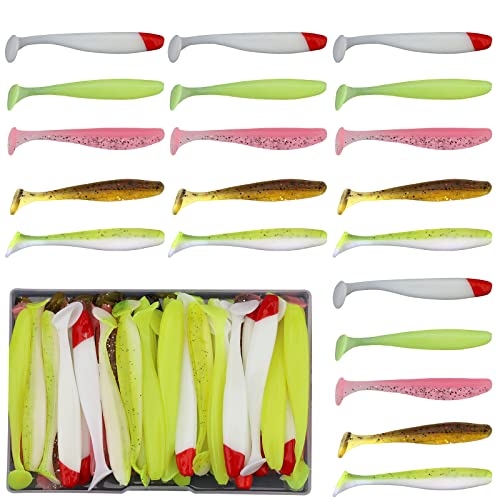 50pcs Soft Fishing Lures, Plastic Fishing Baits & Tackle Box, Paddle Tail Swimbaits Soft Plastic Lures Kit for Bass Trout Walleye Crappie