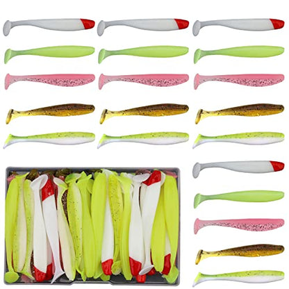 50pcs Soft Fishing Lures, Plastic Fishing Baits & Tackle Box, Paddle Tail Swimbaits Soft Plastic Lures Kit for Bass Trout Walleye Crappie