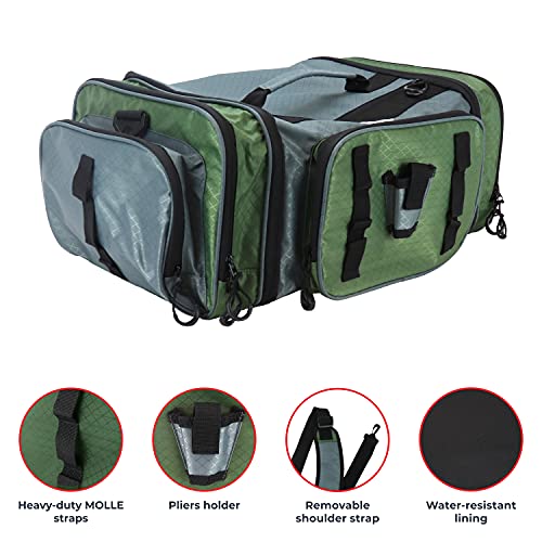 OSAGE RIVER Large Waterproof Fishing Tackle Bag with Padded Shoulder Strap, Ripstop Soft Sided Bag with Fishing Pliers Holder - color: Olive