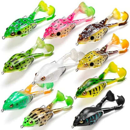 Topwater Frog Lure Bass Trout Fishing Lures Kit Set Realistic Prop Frog Soft Swimbait Floating Bait with Weedless Hooks for Freshwater Saltwater - color: 10-1