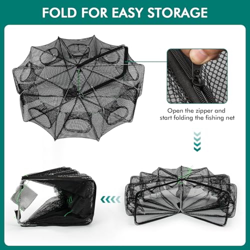 QualyQualy Fishing Bait Trap Crab Net Fishing Trap for Minnow/Crab/Shrimp/Crawdad with Rope, 6/8/10 Holes Large Space Fishing Net - size: 32*10‘’, style: 10 Holes - 1 Pcs