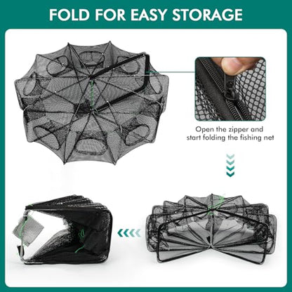 QualyQualy Fishing Bait Trap Crab Net Fishing Trap for Minnow/Crab/Shrimp/Crawdad with Rope, 6/8/10 Holes Large Space Fishing Net - size: 32*10‘’, style: 10 Holes - 1 Pcs
