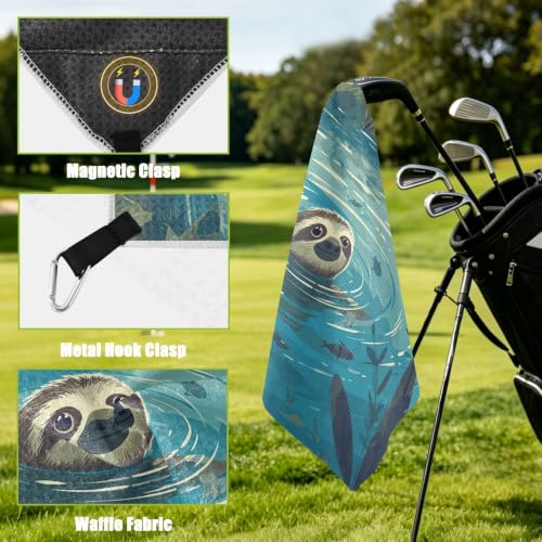 Sloth River Fish Teal Pattern Magnetic Golf Towel for Golf Bags Microfiber Golf Accessories for Women Men with Carabiner Clip Attaches to Clubs and Carts, 17.7"x17.7"
