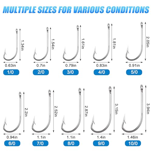 Stainless Steel Saltwater Fishing Hooks - 50pcs O'shaughnessy Hooks Forged Long Shank J Fishing Hooks Extra Strong Fish Hooks for Trolling Sea Bass Striper Cod Bluefish Size 1/0-10/0 - size: 10/0-50pcs