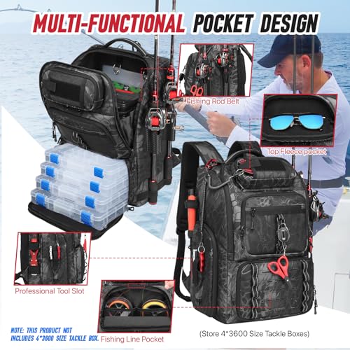 Fishing Tackle Backpack,Tackle Bag with 2 Rod Holders,Water-Resistant Large Storage Fishing Gear and Equipment (B-Black Camo) - color: B-Black Camo(Without tackle box)