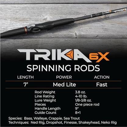 TRIKA 6X Spinning/Casting Carbon Rod Carbon Weave Rod for Extra Sensitive Vibration | Longer Casting | Lightweight Freshwater Fishing Pole - style: Spinning 7' Medium Lite/Fast 1pc.