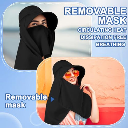 Skicuff 1/3 Pcs Women Sun Hat with Neck Flap Face Cover UPF 50+ UV Protection Wide Brim Visor Fishing Hat for Outdoor Hiking - color: Black