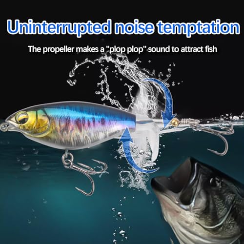 Topwater Fishing Lures for bass Whopper Popper Lures with Rotating Tail for Freshwater or Saltwater bass Catfish Pike Perch Floating Pencil Bass Bait (Variegated, Medium)