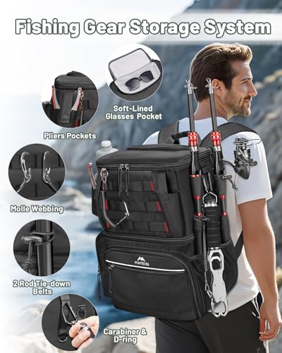 MATEIN Fishing Backpack with 4 Tackle Boxes, Fishing Bag with Rod Holder | 3600 Tackle Box 4 Pack, Water Resistant Tackle Backpack with Cooler Compartment, Safety Compass, Gifts for Fishermen - color: Black