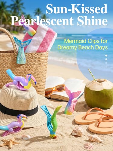 Towel Clips for Beach Chairs, 8 Pack Heavy Duty Beach Towel Clips - Cute Ocean Series with Mermaid/Flamingo/Parrot Designs, Windproof Clothespins for Cruise, Pool & Patio - style: Mermaid Tail + flamingo + parrot
