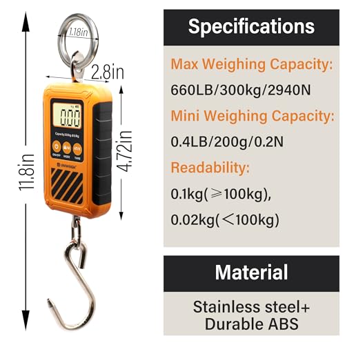 UNIWEIGH Digital Hanging Scale,Mini Crane Scale 300kg/660lb,Postal Luggage Scale with LCD Display,Portable Handheld and Large Hook,Deer Scale with Hold &Tare Function for Garage Farms Hunting Fishing