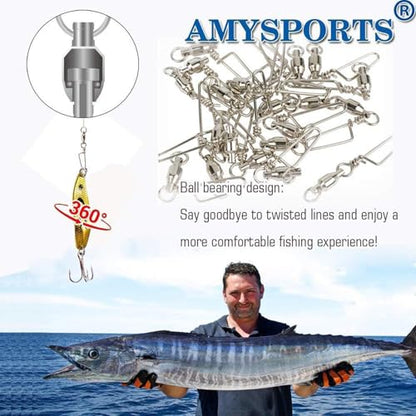 AMYSPORTS High Strength Fishing Snap Swivels - Stainless Steel Ball Bearing Swivels - Saltwater & Freshwater Fishing - size: Size 7+7 (220lb) 50 pcs