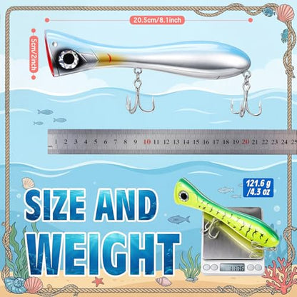 8-Inch Tuna Popper with Treble Hooks,4 Pcs Popper Saltwater Fishing Lures, Large Topwater 3D Eyes Surf Fishing Lure for Striper Barracuda Mackerel Snapper Bluefish Pencil Plugs Offshore