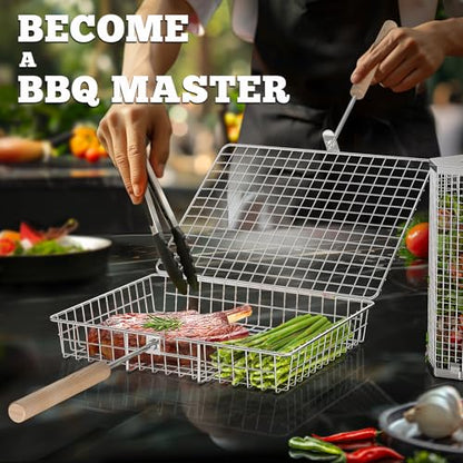 ivtivfu Grill Basket Set, Removable Wooden Handle, 304 Stainless Steel, Rolling BBQ Tools, Smoker Grilling Accessories for Vegetable Fish, Outdoor Cooking Camping, Birthday Gifts for Men Dad Husband