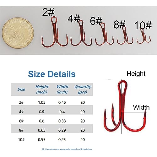20pc/Box Fishing Treble Hooks Set High Carbon Steel Fishing Hooks Classic Round Bend Hook 2# 4# 6# 8# 10# - color: Red, size: 10#-20pcs