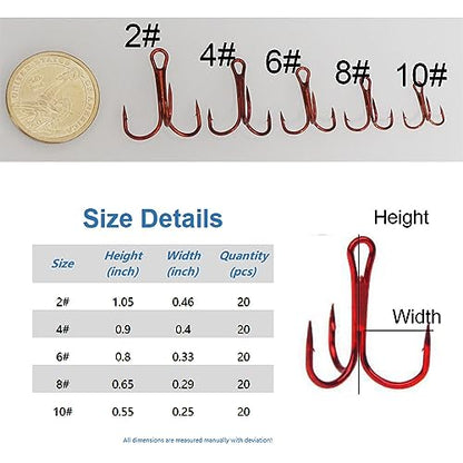 20pc/Box Fishing Treble Hooks Set High Carbon Steel Fishing Hooks Classic Round Bend Hook 2# 4# 6# 8# 10# - color: Red, size: 10#-20pcs