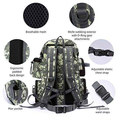 BASSDASH Fishing Tackle Backpack Water Resistant Tactical Bag Soft Tackle Box with Rod Holder and Protective Rain Cover - color: Jungle Camo Backpack [3600] Without Trays